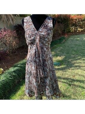ROBBIE BEE  Brown and blue print fit and flare silk cocktail dress beaded summer